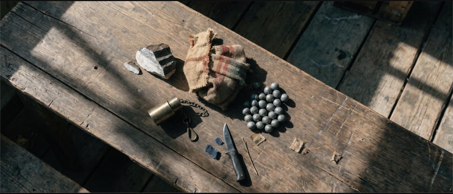 Flint, patches, lead balls, brass powder measure and knife laid out on wood