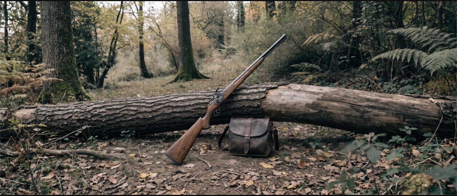 Muzzleloading rifle leaning on a fallen log beside a leather shooting bag