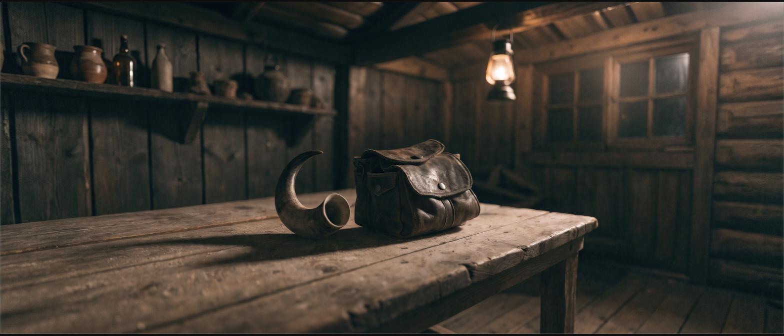Leather possibles bag and powder horn on a rough wooden table in a cabin